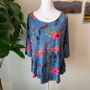 L&B Blue Floral and Bull Skull Women's Blouse